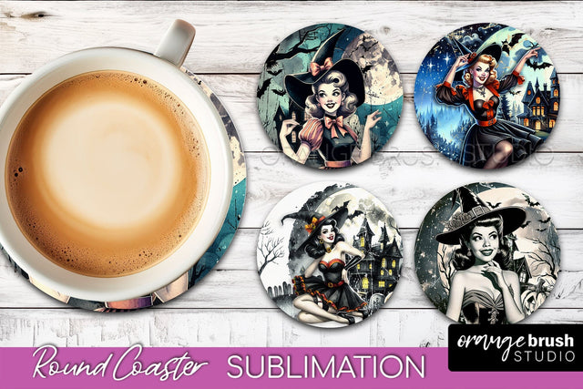 Retro Witch Round Coaster, Halloween Coaster Sublimation PNG Sublimation OrangeBrushStudio 