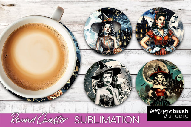 Retro Witch Round Coaster, Halloween Coaster Sublimation PNG Sublimation OrangeBrushStudio 