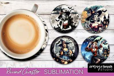 Retro Witch Round Coaster, Halloween Coaster Sublimation PNG Sublimation OrangeBrushStudio 