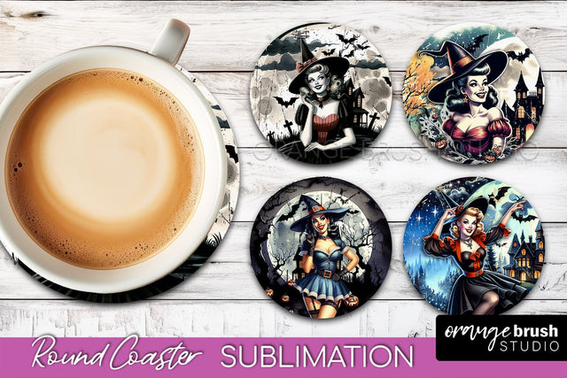 Retro Witch Round Coaster, Halloween Coaster Sublimation PNG Sublimation OrangeBrushStudio 