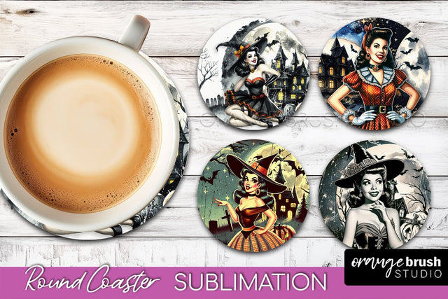 Retro Witch Round Coaster, Halloween Coaster Sublimation PNG Sublimation OrangeBrushStudio 