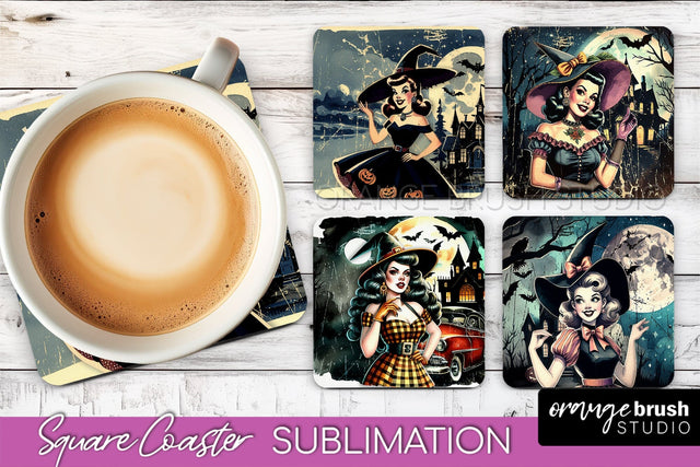 Retro Witch Square Coaster, Halloween Coaster Sublimation Sublimation OrangeBrushStudio 