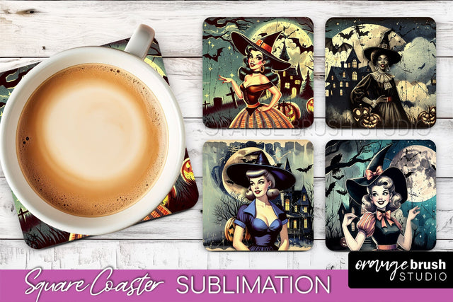 Retro Witch Square Coaster, Halloween Coaster Sublimation Sublimation OrangeBrushStudio 
