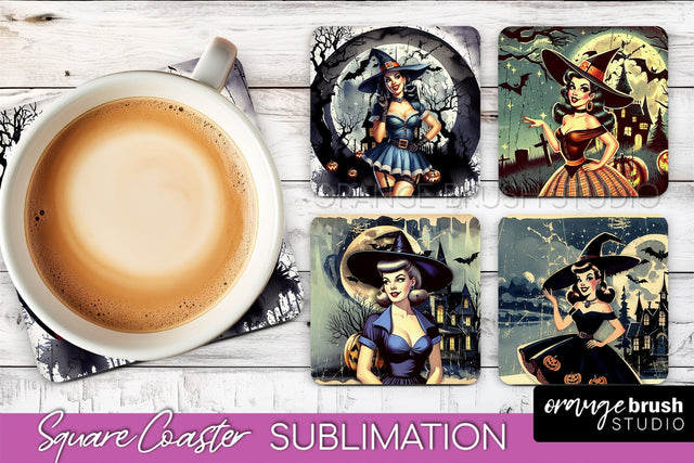 Retro Witch Square Coaster, Halloween Coaster Sublimation Sublimation OrangeBrushStudio 