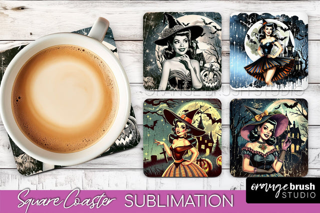 Retro Witch Square Coaster, Halloween Coaster Sublimation Sublimation OrangeBrushStudio 