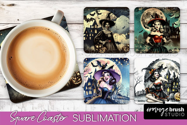 Retro Witch Square Coaster, Halloween Coaster Sublimation Sublimation OrangeBrushStudio 