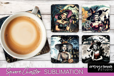 Retro Witch Square Coaster, Halloween Coaster Sublimation Sublimation OrangeBrushStudio 