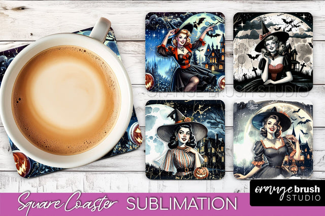 Retro Witch Square Coaster, Halloween Coaster Sublimation Sublimation OrangeBrushStudio 