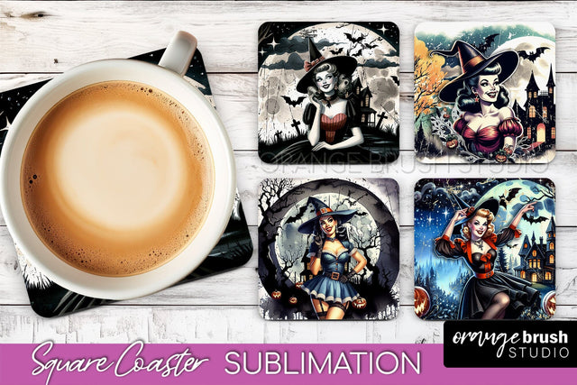 Retro Witch Square Coaster, Halloween Coaster Sublimation Sublimation OrangeBrushStudio 