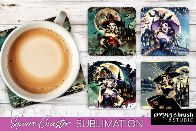 Retro Witch Square Coaster, Halloween Coaster Sublimation Sublimation OrangeBrushStudio 