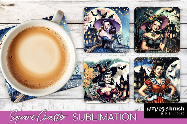 Retro Witch Square Coaster, Halloween Coaster Sublimation Sublimation OrangeBrushStudio 