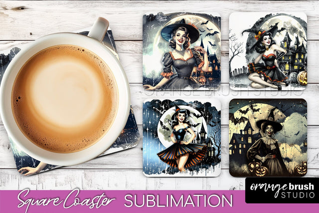 Retro Witch Square Coaster, Halloween Coaster Sublimation Sublimation OrangeBrushStudio 