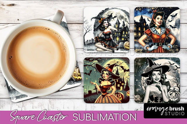 Retro Witch Square Coaster, Halloween Coaster Sublimation Sublimation OrangeBrushStudio 