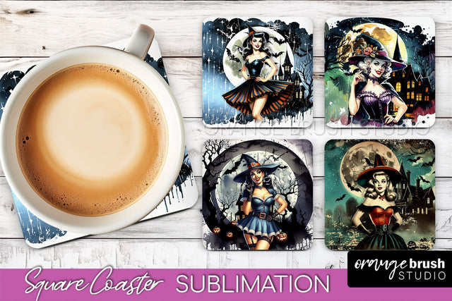 Retro Witch Square Coaster, Halloween Coaster Sublimation Sublimation OrangeBrushStudio 