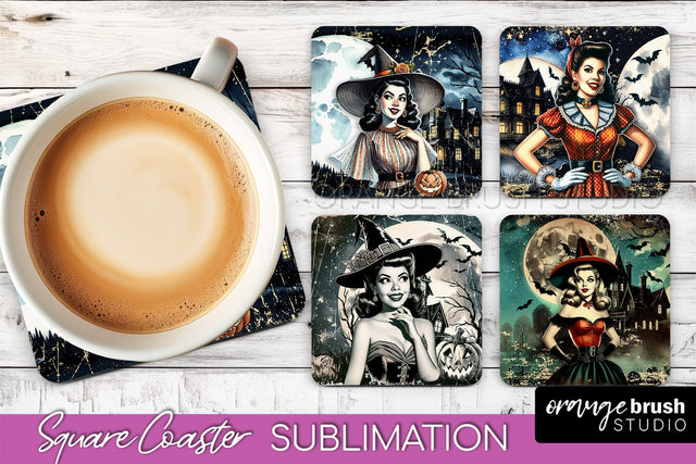 Retro Witch Square Coaster, Halloween Coaster Sublimation Sublimation OrangeBrushStudio 