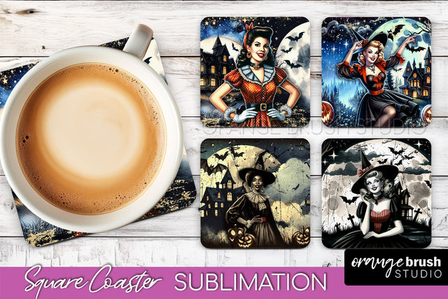 Retro Witch Square Coaster, Halloween Coaster Sublimation Sublimation OrangeBrushStudio 