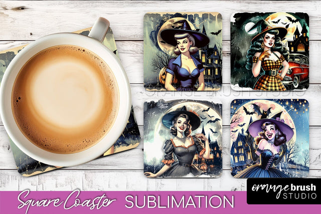 Retro Witch Square Coaster, Halloween Coaster Sublimation Sublimation OrangeBrushStudio 