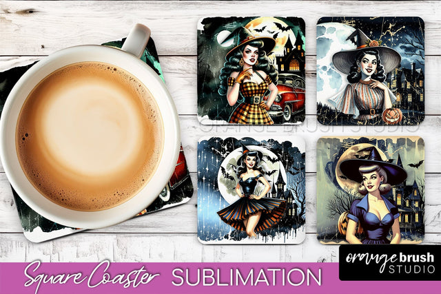 Retro Witch Square Coaster, Halloween Coaster Sublimation Sublimation OrangeBrushStudio 