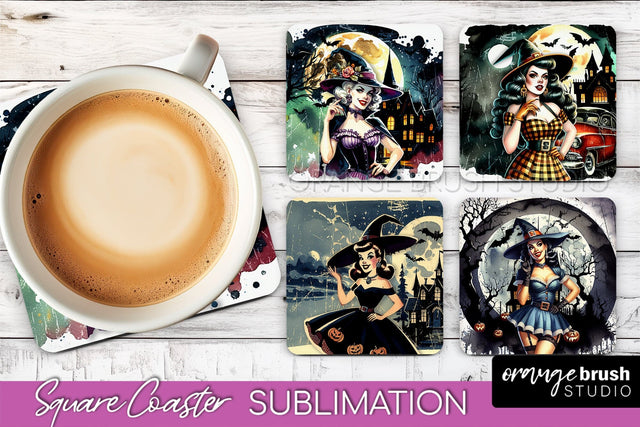 Retro Witch Square Coaster, Halloween Coaster Sublimation Sublimation OrangeBrushStudio 