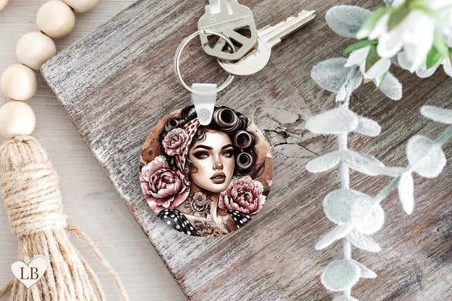 Retro Woman Keychain Sublimation, Pin Up Key Ring PNG Sublimation BijouBay 