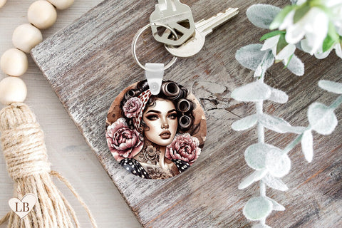 Retro Woman Keychain Sublimation, Pin Up Key Ring PNG Sublimation BijouBay 