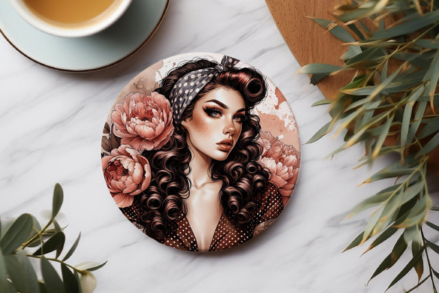 Retro Woman Round Coaster Sublimation PNG Sublimation BijouBay 