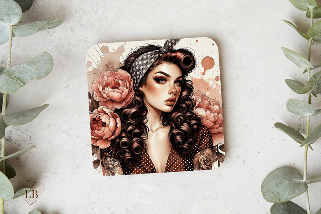 Retro Woman Sublimation, Pin Up Girl Square Coaster PNG Sublimation BijouBay 