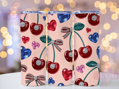 Rhinestone Cherry Bow 20oz Tumbler, Pink Coquette Design, Rhinestone Sublimation PNG, Stylish Bow Wrap, 20oz Fashion Tumbler, Elegant Rhinestone PNG, Trendy Coquette Cherry Design Sublimation SvggirlplusArt 
