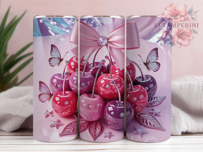 Rhinestone Cherry Butterfly Tumbler, Pink Cherry Tumbler, Sparkle Butterfly Wrap, Elegant Cherry Wrap, Jeweled Butterfly Wrap, Sublimation Design, Trendy Gift Idea Sublimation Li Zamperini 