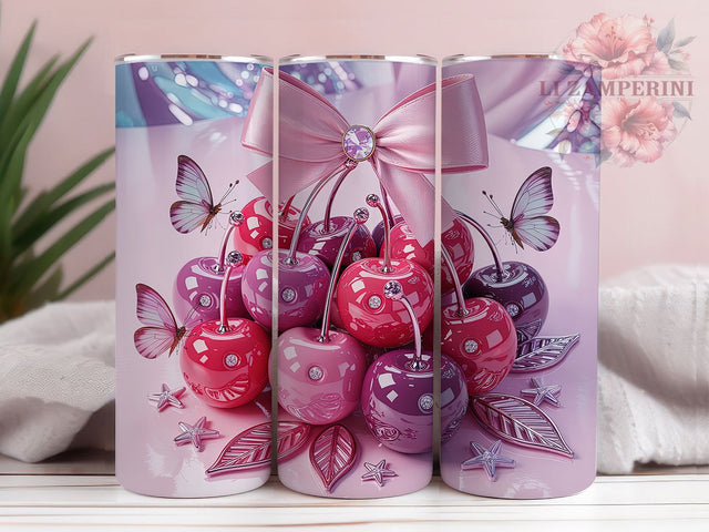 Rhinestone Cherry Butterfly Tumbler, Pink Cherry Tumbler, Sparkle Butterfly Wrap, Elegant Cherry Wrap, Jeweled Butterfly Wrap, Sublimation Design, Trendy Gift Idea Sublimation Li Zamperini 