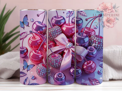 Rhinestone Cherry Butterfly Tumbler, Pink Cherry Tumbler, Sparkle Butterfly Wrap, Elegant Cherry Wrap, Jeweled Butterfly Wrap, Sublimation Design, Trendy Gift Idea Sublimation Li Zamperini 