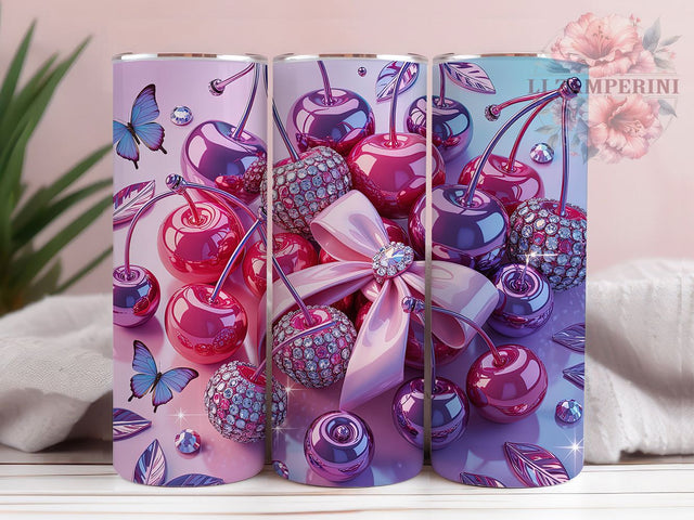Rhinestone Cherry Butterfly Tumbler, Pink Cherry Tumbler, Sparkle Butterfly Wrap, Elegant Cherry Wrap, Jeweled Butterfly Wrap, Sublimation Design, Trendy Gift Idea Sublimation Li Zamperini 