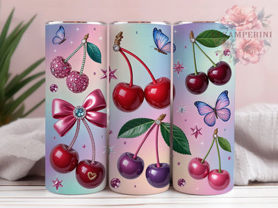 Rhinestone Cherry Butterfly Tumbler, Pink Cherry Tumbler, Sparkle Butterfly Wrap, Elegant Cherry Wrap, Jeweled Butterfly Wrap, Sublimation Design, Trendy Gift Idea Sublimation Li Zamperini 