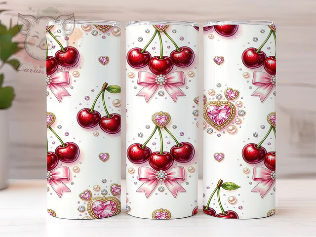 Rhinestone Cherry Glam Style 20oz Tumbler, Cherry Bow, Glamorous Design, Seamless Pattern, Charming Style, 20oz Tumbler Wrap, Sublimation PNG Sublimation Lara' s Designs 