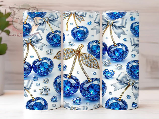 Rhinestone Cherry Sparkle 20oz Tumbler, Cherry Bow, Blue Sapphire, Crystal Diamonds, Sparkling Design, 20oz Tumbler Wrap, Sublimation PNG Sublimation Lara' s Designs 