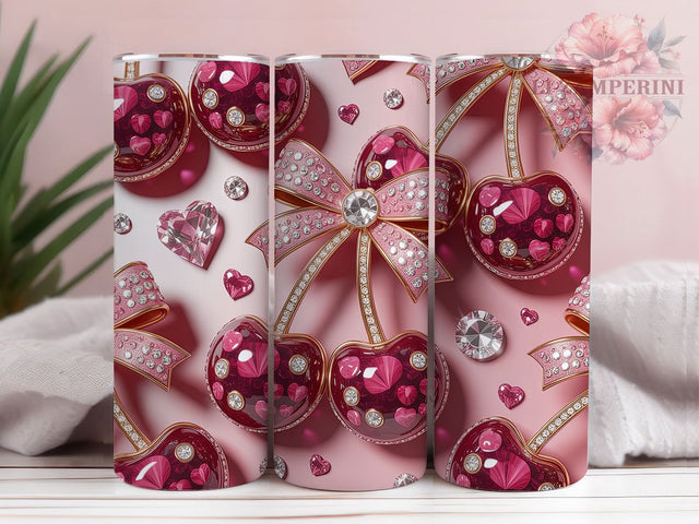 Rhinestone Cherry Valentine Tumbler, Pink Coquette Cherries Wrap, Inflated Valentine Cup, 20oz Sublimation Wrap, Stylish Coquette Design Tumbler, Artistic Cherry Heart Cup, Whimsical Rhinestone Valentine Sublimation Li Zamperini 