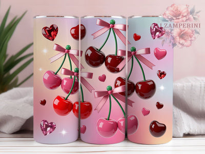 Rhinestone Cherry Valentine Tumbler, Pink Coquette Cherries Wrap, Inflated Valentine Cup, 20oz Sublimation Wrap, Stylish Coquette Design Tumbler, Artistic Cherry Heart Cup, Whimsical Rhinestone Valentine Sublimation Li Zamperini 