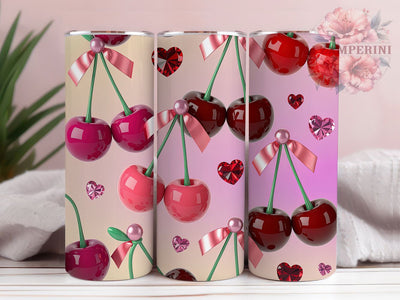Rhinestone Cherry Valentine Tumbler, Pink Coquette Cherries Wrap, Inflated Valentine Cup, 20oz Sublimation Wrap, Stylish Coquette Design Tumbler, Artistic Cherry Heart Cup, Whimsical Rhinestone Valentine Sublimation Li Zamperini 