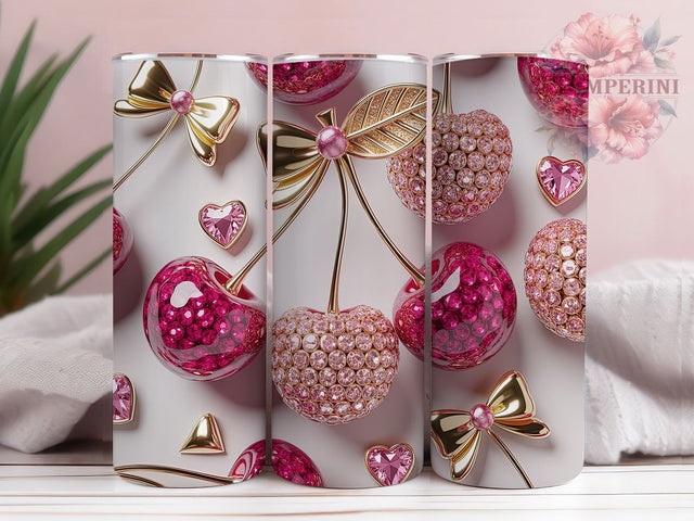 Rhinestone Pink Cherry Bow Tumbler, Cherry Bow Tumbler, Pink Coquette Wrap, Sparkle Cherry Wrap, Elegant Bow Wrap, Sublimation Design, Trendy Gift Idea Sublimation Li Zamperini 
