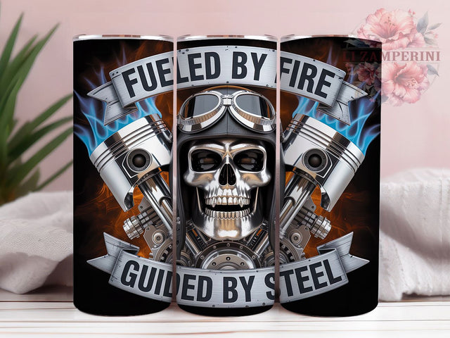 Ride Or Die Motorcycle Skull Tumbler, Biker Quote Cup, 20Oz Skinny Tumbler Wrap, Motorcycle Skull Sublimation, Fueled By Fire Design, Steel Rider Drinkware, Digital Biker Skull Art Sublimation Li Zamperini 