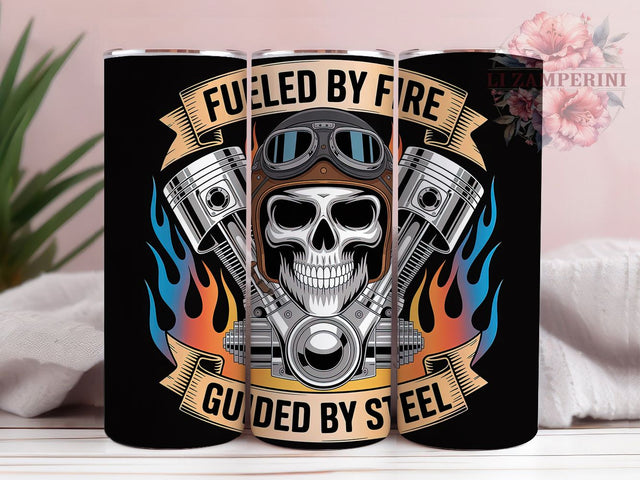 Ride Or Die Motorcycle Skull Tumbler, Biker Quote Cup, 20Oz Skinny Tumbler Wrap, Motorcycle Skull Sublimation, Fueled By Fire Design, Steel Rider Drinkware, Digital Biker Skull Art Sublimation Li Zamperini 