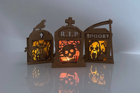 RIP Tombstone Candle Holder SVG - Halloween Lantern Laser Cut File - Skull Tea Light Box SVG LaserCutano 