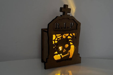 RIP Tombstone Candle Holder SVG - Halloween Lantern Laser Cut File - Skull Tea Light Box SVG LaserCutano 