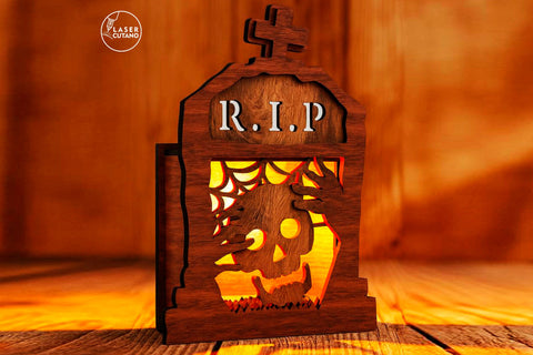 RIP Tombstone Candle Holder SVG - Halloween Lantern Laser Cut File - Skull Tea Light Box SVG LaserCutano 