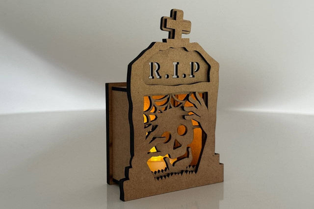 RIP Tombstone Candle Holder SVG - Halloween Lantern Laser Cut File - Skull Tea Light Box SVG LaserCutano 