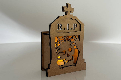 RIP Tombstone Candle Holder SVG - Halloween Lantern Laser Cut File - Skull Tea Light Box SVG LaserCutano 