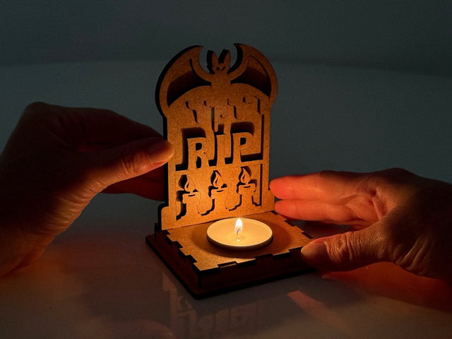 RIP Tombstone Candle Holder SVG | Halloween Tea Light Lantern | Bat & Candles Laser Cut File SVG LaserCutano 