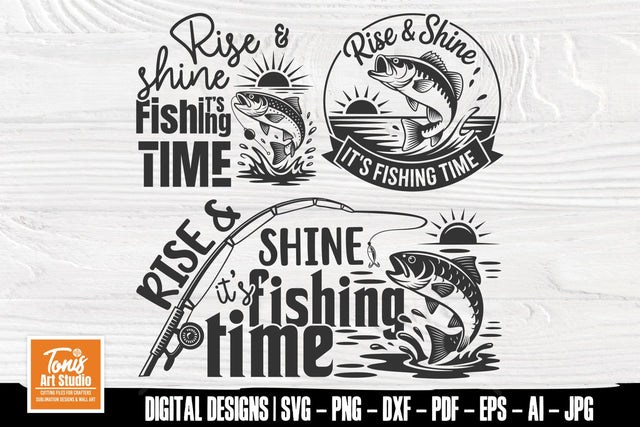 Rise and Shine It’s Fishing Time SVG Bundle | Bass Fish Jumping Silhouettes | Fishing Rod Clipart | Cricut Cut Files for Shirts Mugs SVG TonisArtStudio 