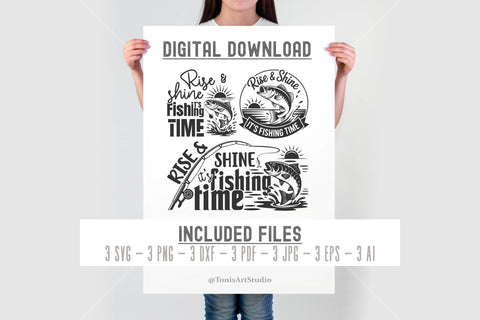 Rise and Shine It’s Fishing Time SVG Bundle | Bass Fish Jumping Silhouettes | Fishing Rod Clipart | Cricut Cut Files for Shirts Mugs SVG TonisArtStudio 