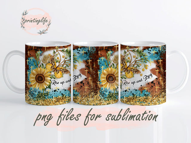 Rise Up And Pray Sunflower Leopard Glitter Bible Verse Religious Mug Wrap Design, Instant Digital Design Download Mug Wrap Design, Mug Design PNG Sublimation PrintingLife 
